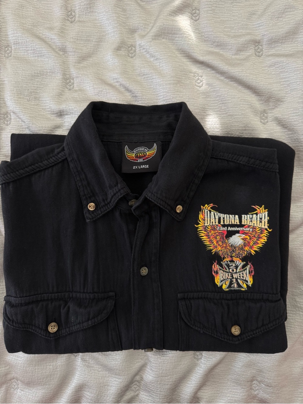 Daytona Beach Black Embroidered Bike Week Sleeveless Button-Up 2XL